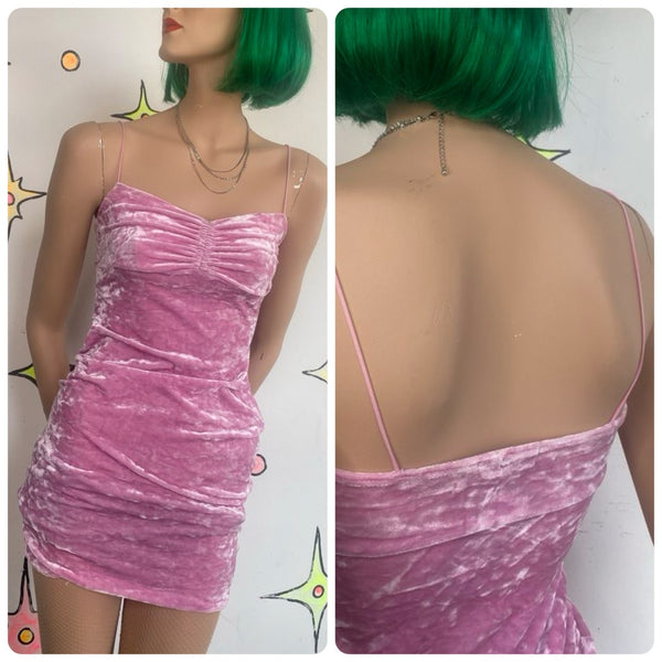 Y2K Urban Outfitters Pink Crush Velvet Mini Dress Pastel Kawaii Bodycon Slip XS