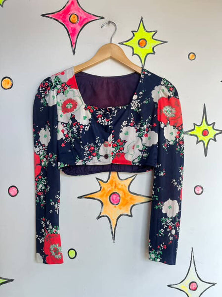 Groovy 60s/70s Navy Floral Crop Top Bolero - Long Sleeve Vintage Charm