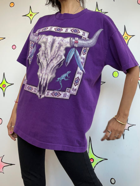 Vintage 90s Native American Dreamcatcher Skull Tee Purple Boho Grunge T Shirt L