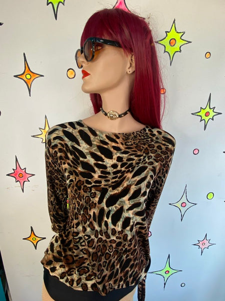 90s Leopard Slinky Stretch Side Tie Top Mirasol Casual Glam Indie Sleaze L/XL