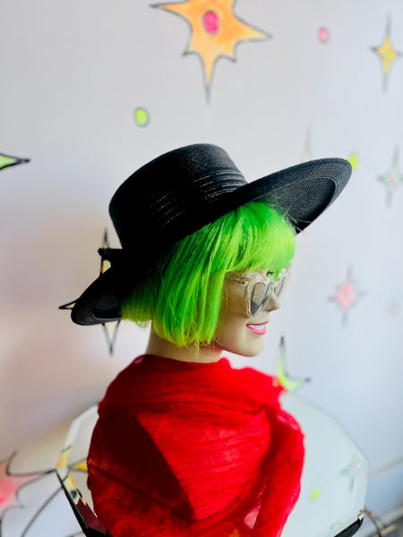 Vintage Extra Wide Brim Black Glam Witchy High Fashion Hat w Statement Bow