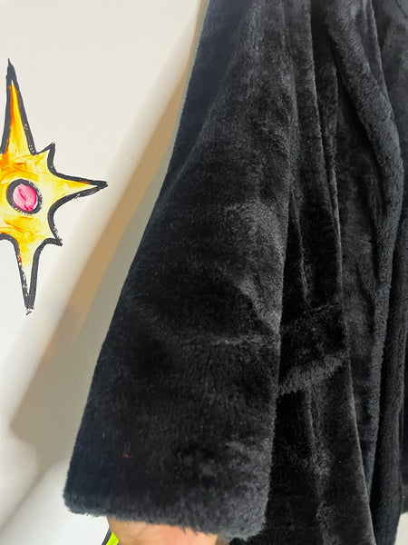 Vintage 70s Black Fluffy Vegan Faux Fur Teddy Bear Coat – Boho Glam Grunge - M/L