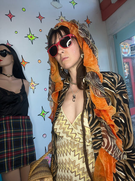 Y2K Orange Swirl Animal Print Cabbage Scarf Glitch Glam Whimsy Grunge Fairycore