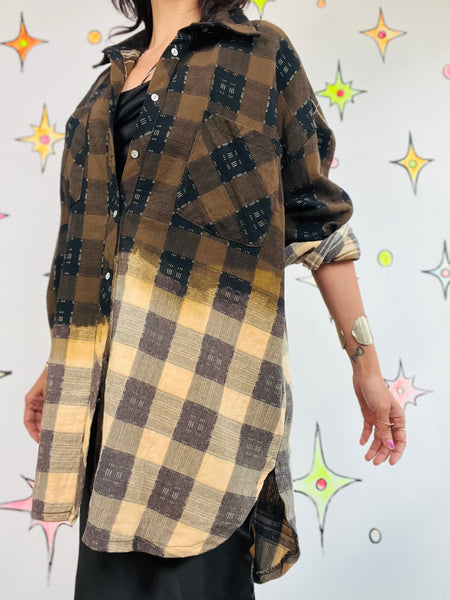 Y2K Brown Boho Grunge Plaid Patchwork Flannel Oversized Boyfriend Shirt M