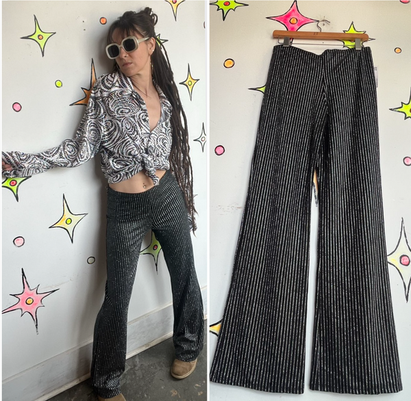 Vtg. Stretch Glam Metallic Black Silver Pinstripe Rave Disco Bellbottom Flares L