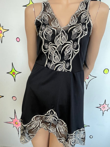 Black Slip Dress w Embroidered Lace – Grunge Lingerie Fairy Goth Party Mini S/M