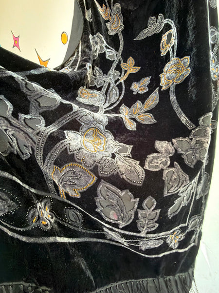 Black Velvet Burnout Fringe Scarf Flapper Old Hollywood Goth Fairycore Glam