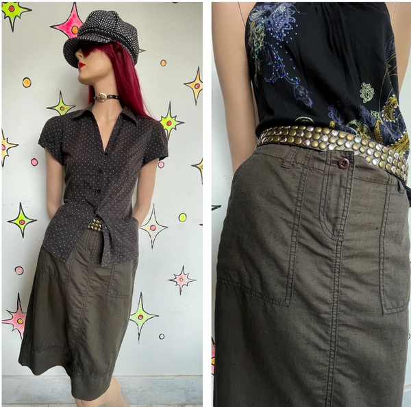 Y2K Low Rise Military Green Utility Cargo Skirt Linen Blend Emo Fairy Grunge M/L