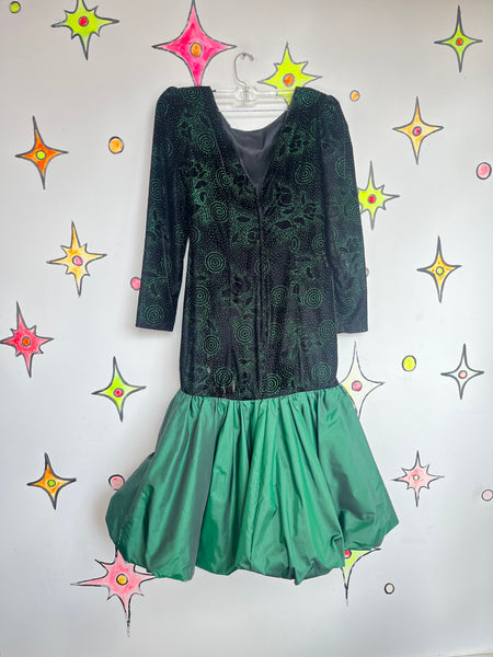 Vintage 80s Green & Black Glitter Prom Dress Poofy Bubble Hem Party Gown Size 4