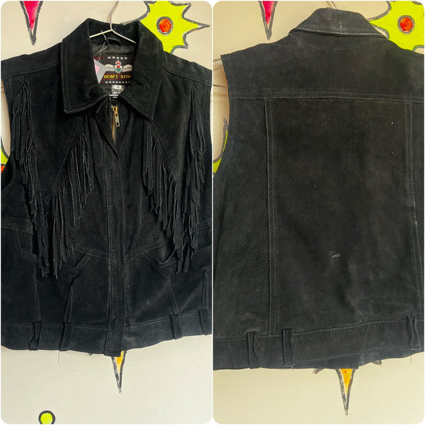 Vintage 80s 90s | Black Suede Leather Fringe Vest Cowgirl Biker Punk Western | M