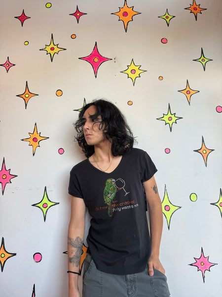 “Polly Wants Wine” Baby Tee Y2K Rhinestone Graphic Novelty Whimsy Goth T-Shirt S