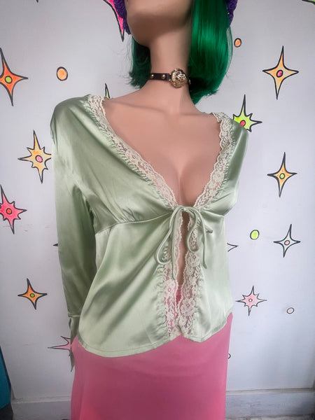 Green Satin Lace Layering Top Fairy Grunge Babydoll Lingerie Style S/M