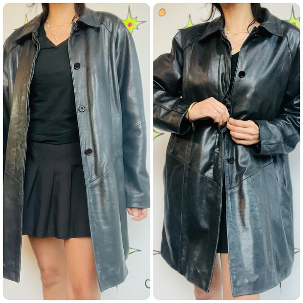 Vintage 80s 90s Black Leather Trench Coat – Goth Grunge Matrix Style – Size M