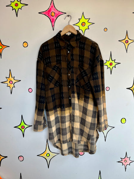 Y2K Brown Boho Grunge Plaid Patchwork Flannel Oversized Boyfriend Shirt M