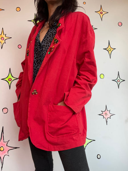 Vintage 80s Cherry Red Christmas Holiday Party Blazer - Glam Bedazzled - XL+