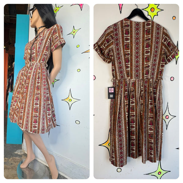 Vintage 50s Art Print Red Mustard Mid Century Fit & Flare Cotton Day Dress - M