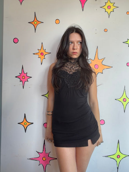 Black Lace Crochet Mini Dress Goth Fairy Grunge Romantic Vamp Layering Dress S