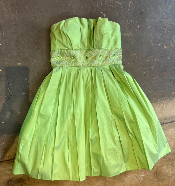 Y2K Lime Green Fairy Formal Satin Bedazzled Rhinestone Cupcake Mini Dress S