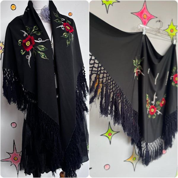 Witchy Black Western Boho Piano Shawl Scarf ' Fringe Red Floral Embroidery