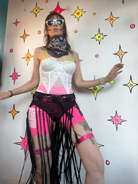Black Crochet Fringe Shorts Y2K Festival Boho Rave Goth Maximalist Hot Pants S