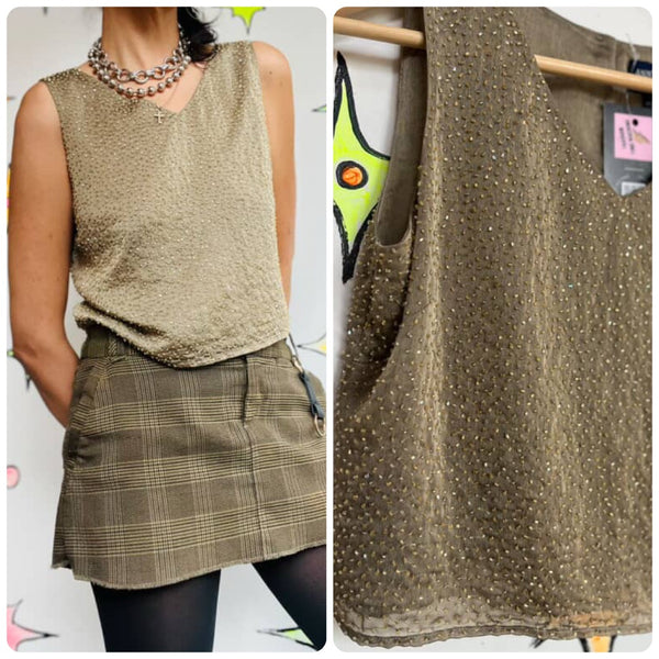 Vintage Fairy Grunge 90s Ann Taylor Gold Fully Beaded Sleeveless Shimmer Top 4P