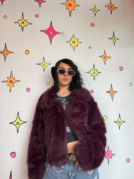 Y2K Purple Faux Fur Coat Plush Teddy Jacket Goth Glam McBling Cozy Grunge L XL