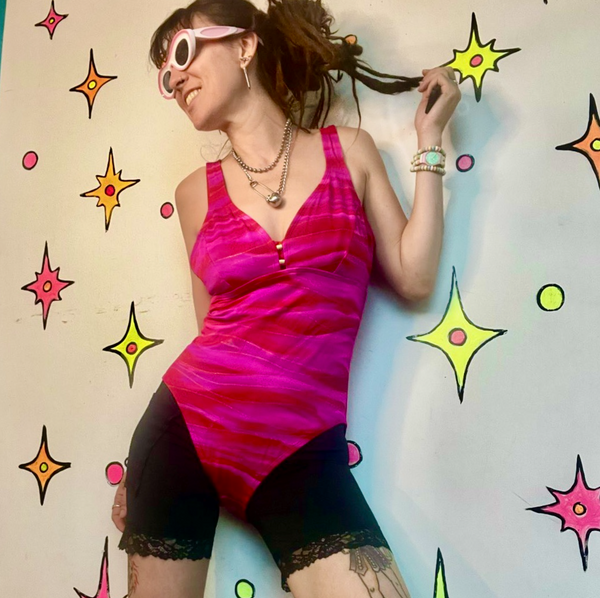 Vintage 90s Hot Pink & Gold Swimsuit One Piece High Cut Retro Neon / Bodysuit ML