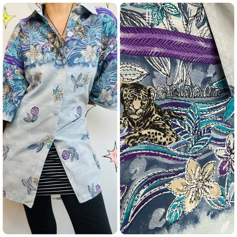 Vintage 80s–90s Oversized Pastel Tiger Print Art Shirt or Dress Hawaiian XL+