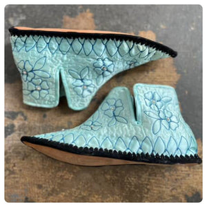 Pastel Blue GEISHA Satin Slippers - 1960s - Made in Japan - Pearls - M 6-7.5