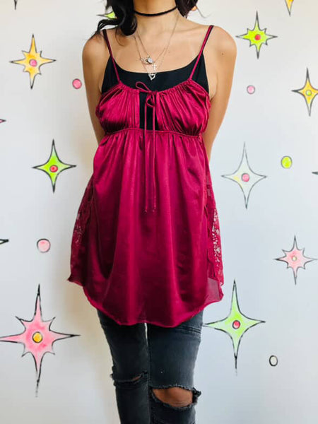 Vintage 70s Burgundy Lace Fairy Grunge Boho Grunge Mini Lingerie Slip Dress M