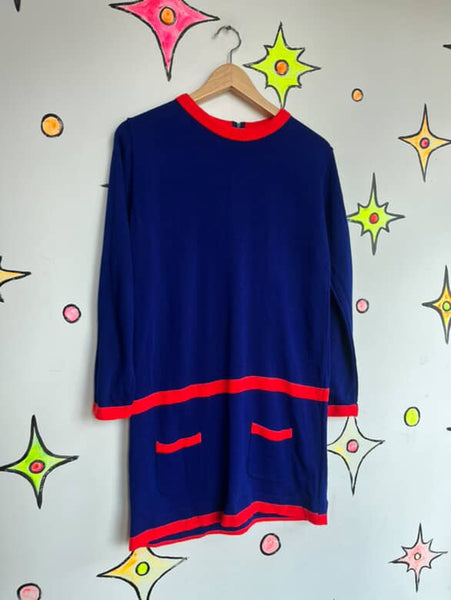 Vintage 60s MOD Space Age Navy Blue Mini Dress w/ Red Stripe – Medium / Large