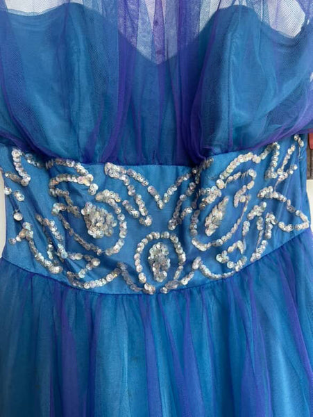Vintage 50s Blue Tulle Fit & Flare Halter Party Dress Fairy Princess Prom Gown S