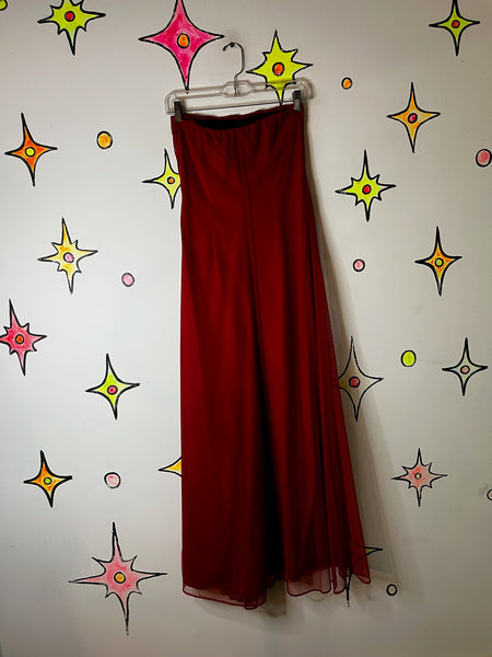 Vintage 90s Y2K Red Glitter Fairy Grunge Formal Strapless Holiday Maxi Dress – M