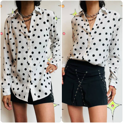 Classic Black & White Polka Dot Blouse – Vintage Ann Taylor – Size S