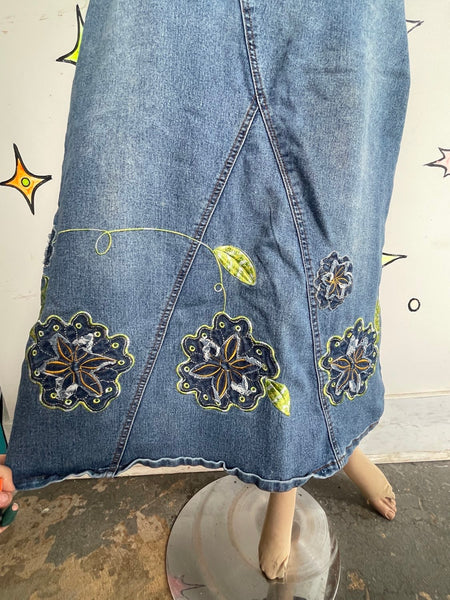 Y2K Embellished Denim Maxi Skirt Tattoo Print Patchwork Fairy Grunge Alt L