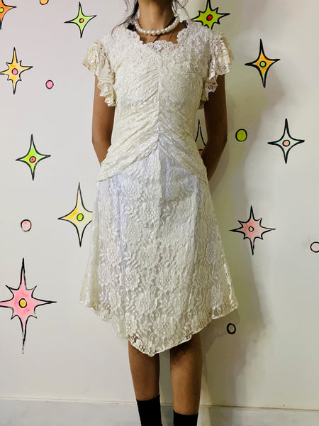 Vintage 1980s Prairie Dress Edwardian Lolita Rococo Lace & Pearls Flapper– XS
