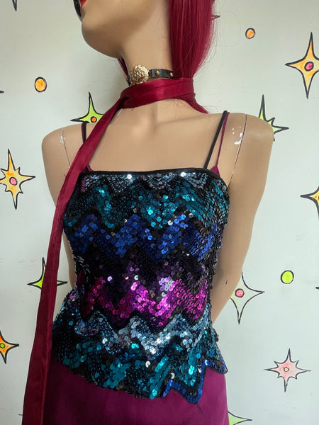 Vintage 70s Fully Sequined Chevron Striped Disco Top Glam Studio 54 Party S