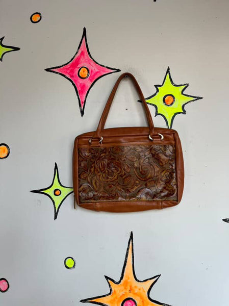 Vintage Boho Western Tooled Leather Satchel | 70s Style Floral Purse Handbag
