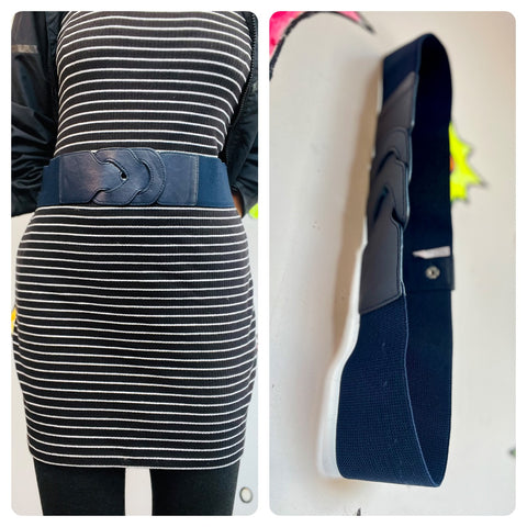 Vintage 80s Navy Blue Elastic Cinch Belt Wide New Wave Statement Belt S/M