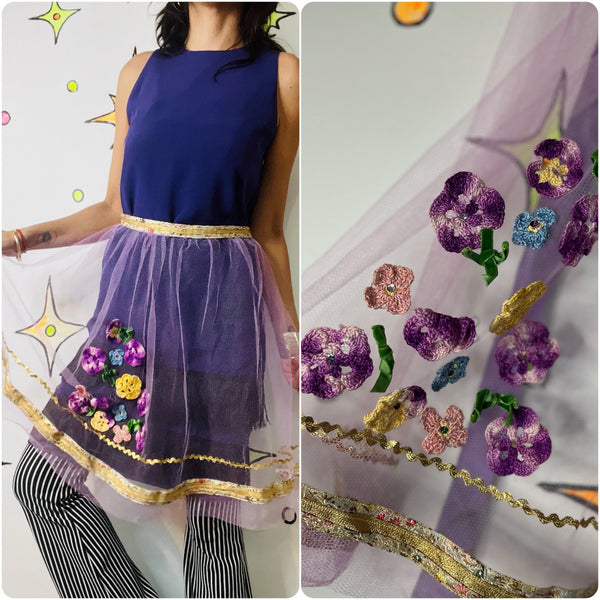 Vintage 50s Pastel Purple Sheer Apron | Gold Trim Embellished | Fairy Grunge