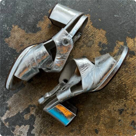 Vintage 60s | Rare MOD Space Age Disco Metallic Silver Platforms Heels | 8.5
