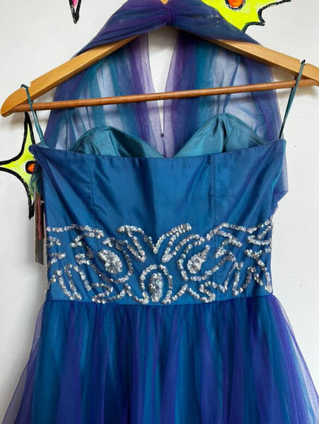 Vintage 50s Blue Tulle Fit & Flare Halter Party Dress Fairy Princess Prom Gown S
