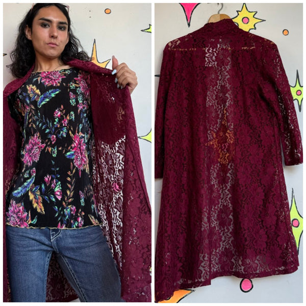 Merlot Lace Duster Romantic Goth Lace Cardigan Kimono Vamp Layering Piece M/L