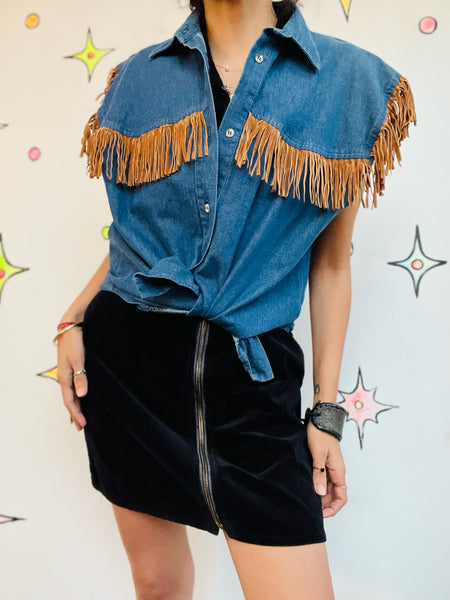 Vintage 80s–90s Denim Western Beaded Fringe Vest | Sleeveless Jean Vest | L
