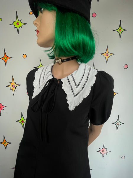 Black Wednesday Addams Dress White Lace Collar Lolita Babydoll Goth Schoolgirl M