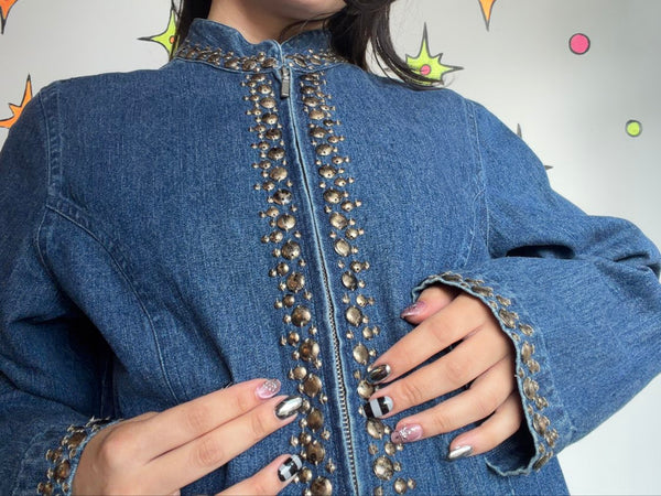 Y2K Beaded Denim Jacket | Embellished Rhinestone Indie Sleaze McBling Glam L