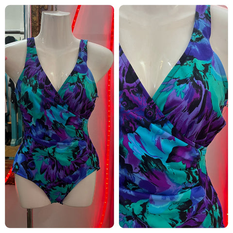 Vintage 80s 90s | Neon Abstract Floral One Piece Swimsuit Bodysuit | Size 8