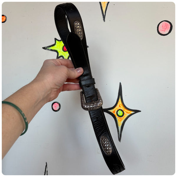 90s Black Western Leather Belt Silver Concho Studded Cowboy Boho Goth Buckle