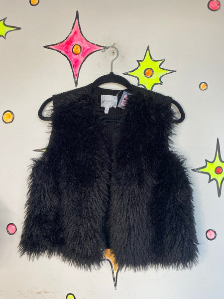 Y2K Black Faux Fur Crop Vest Jessica Simpson McBling Baddie Glam - Free Size