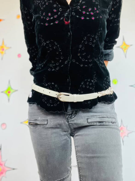 Vintage White Leather Boho Grunge Western Cocho Belt ML